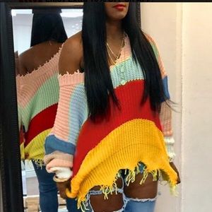 Color-lump Patchwork Off The Shoulder Pink Knitting Sweater